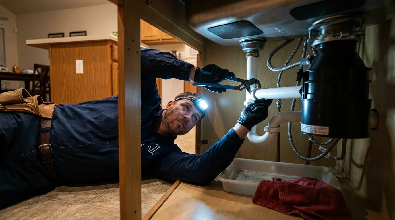 P-trap and supply line connections under a kitchen sink showing a common leak point in Westfield, NY